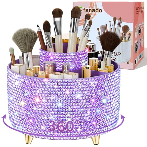 Bling 360¡Æ Rotate Makeup Brush Holder Organizer, Makeup Organizers Countertop, Makeup organization and Skincare Storage for Vanity, Gift for Women Girls (Bling dz-Purple)