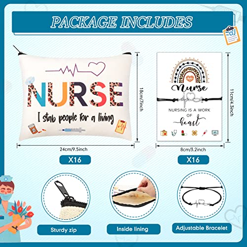 Yinkin 32 Pcs Nurse Appreciation Gift 2026 for Nurse Week 16 Canvas Makeup Cosmetic Bags Survival Kit and 16 Blessing Card Bracelets, Christmas Medical Staff Practitioner Gift for Women(Retro)