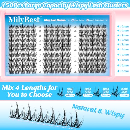 MilyBest Manga Lash Clusters Kit Spiky Anime Cluster Eyelash Extensions 150Pcs CC Curl Wispy Lash Extension Kit 10-16mm DIY Cosplay Doll Individual Lashes Clusters Natural Look