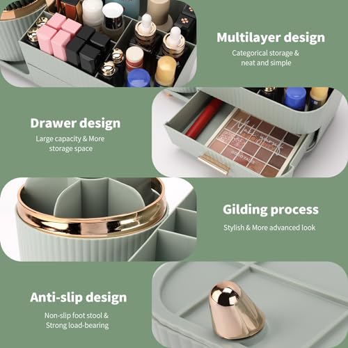 Beborxue 360¡Æ Rotating Makeup Organizer for Vanity with Drawers, Large Capacity Cosmetic Display Case, skincare organizer, Cosmetic Organizer for Lipstick, Skincare, Brushes, Eyeshadow, (Green)