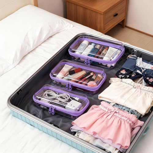 5 Pack Clear Hard Shell Zipper Pouches, TSA Friendly Transparent Design for Toiletries & Electronics, Crush-Resistant Storage for Carry-On Travel (Purple)
