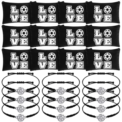 Sweetude 24 Pcs Soccer Gifts Bulk 12 Adjustable Bracelets and 12 Makeup Bags Soccer Accessories Gift Bag Stuffers for Team Players Travel Charms Birthday Party Favors Supplies Prize(Black)