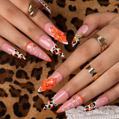 LOVFUL Press on Nails Tropical Sunset | Handmade with Full Covered Crystals | Reusable Full Cover Nails | Stiletto Classic Regular 1.3 in | H374-M
