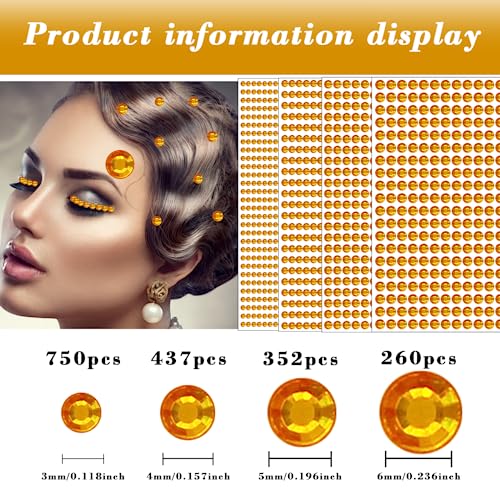 Rhinestone Gems Stickers - Self Adhesive Bling Rhinestones for Hair, Face, Body - Temporary Tattoo 3/4/5/6mm (Golden Yellow)