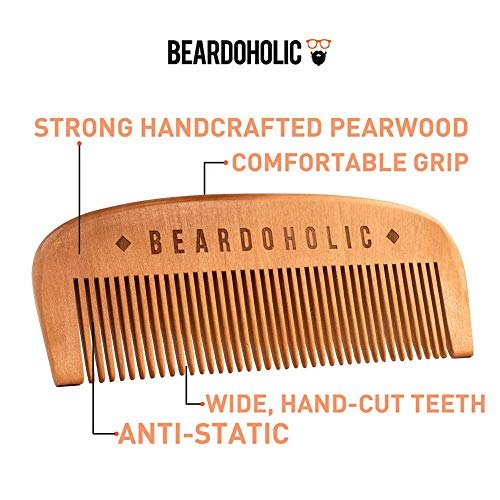 Beardoholic Beard Comb and Brush Set ? 100% Boar Bristles ? 100% Pearwood ? Anti-Static, Eliminates Tangles, Ingrown Hairs, Dandruff ? Keep Your Beard Neat and Tidy ? Long Lasting
