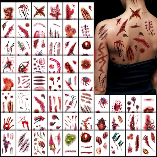 60 Sheet Halloween Zombie Scars Tattoo Stickers - Fake Scab Blood Special Fx Costume Makeup Props for Masquerade Party Prank Decorations