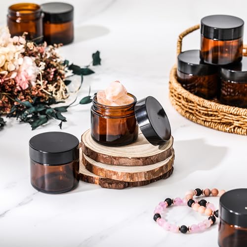 Domensi 2 oz Glass Jars with Lids, 32 Pcs Small Glass Jars with Lids Round Leakproof Airtight Empty Cosmetic Travel Containers with Inner Liners Lid for Makeup Lotions Cream Ointments Candle (Amber)