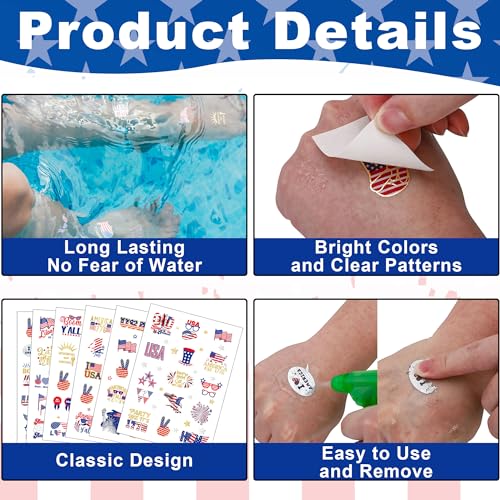 94 PCS 6 Sheets 4th of July Temporary Tattoo Set, Independence Day Body Stickers, Patriotic Parade Party Accessories, Long Lasting Tattoo Stickers for Kids Adults, Red White and Blue Accessories