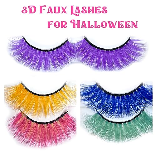 Colored False Lashes 3D Faux Mink Fake Eyelashes Fluffy, Halloween Party Makeup Tools 17-20mm 5 Pairs Colorful Pink Lashes Pack (Five colours)