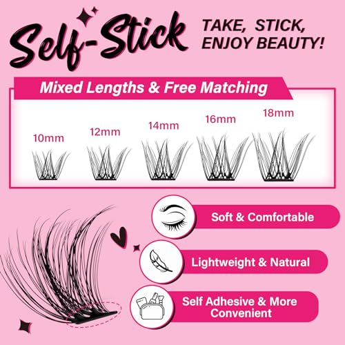 Self Adhesive Eyelashes 48Pcs Lash Clusters Self Stick Lashes Reusable Self-adhesive Lashes No Glue Cluster Lashes Easy for Use(Lotus,D-10-18mix)