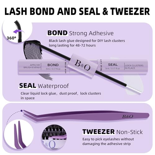 B&Q Volume Lash Clusters Kit 280PCS Lash Extension Kit Thick 3D Wispy DIY Eyelash Extension Set with Individual Lashes, Lash Bond and Remover,Tweezers(150D)