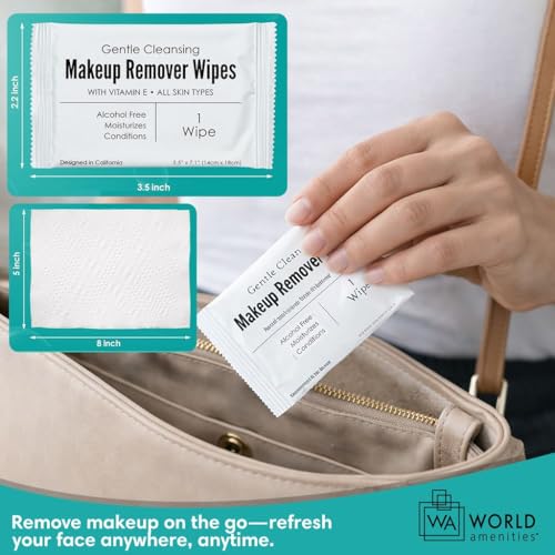 World Amenities - Makeup Remover Wipes - Alcohol Free - Vitamin E Face Wipes for Sensitive Skin Comfort - Individually Wrapped - Travel Friendly Facial Cleansing Wipes - 50 Count