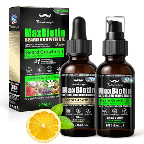 Biotin Beard Growth Oil for Men - 2 Pack Natural Conditioning Oil with Castor & Jojoba | Scented with Citrus & Shea Butter | Softens, Thickens, Moisturizes | Premium Beard Gift Set 2 OZ Each