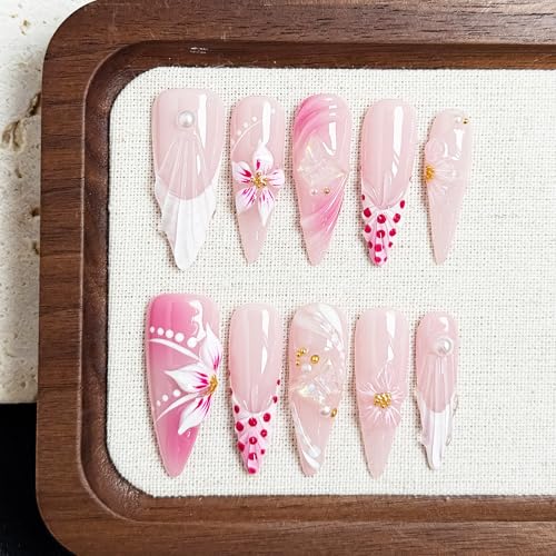 Petal Whisper 10PCS Long Pink Floral Gradient Press On Nails, 3D Flower Pearl Gold Accent Elegant Wedding Fake Nails for Women, Soft Glam Korean Style Acrylic UV Gel Press-On Nails Set (Pink, M)