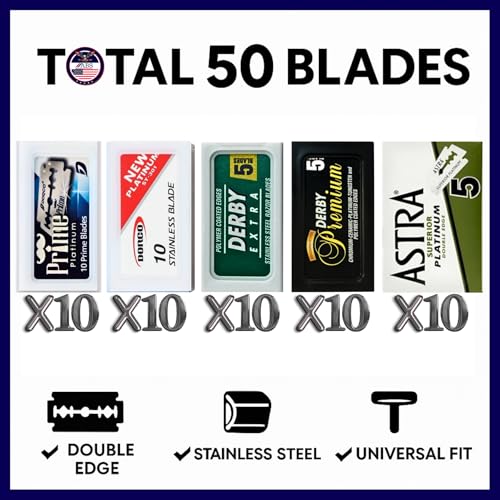 Double Edge Safety Razor Blades Sampler Pack for Men-Includes 3 Top Global Brands: Dorco Astra Derby-Comfortable Shaving ?Fits All Double Edge Safety Razors (50)