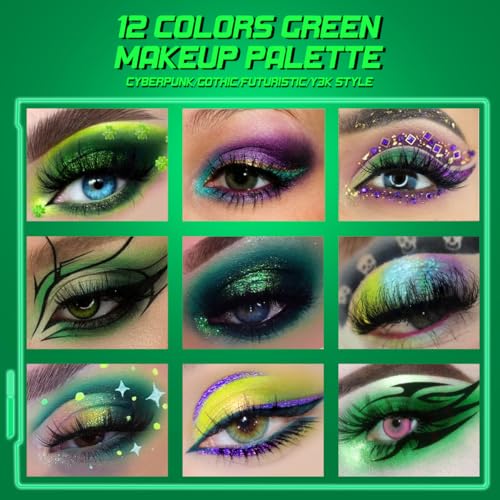 Green Eyeshadow Makeup Palette, 12 Colors Wicked Green Glitter Holographic Eyeshadow with Matte Shimmer for Brown Eyes, Pigmented Silky Long Lasting Purple Gold Eye Shadow for Carnival, Party, Vegan
