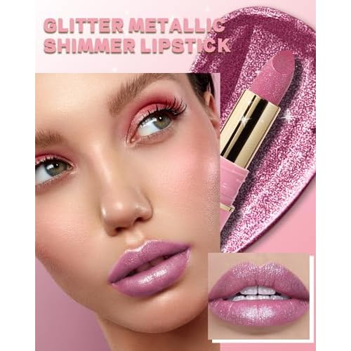 Metallic Nude Pink Glitter Lipstick Long Lasting,Glitter Lipstick Diamond Shimmer Lip Gloss for Women,Transfer Proof Non-Stick Lipgloss Highly Pigmented Full Coverage Red Lip Color Makeup Gift-02