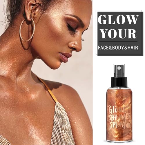 Body Glitter Spray - Bronze Body Shimmer for Face, Hair & Body, Moisturizing Luminizer Glow Illuminator, Quick-Drying Sparkling Glitter Spray Liquid Highlighter Makeup (#04)