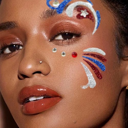 3 Sheet Patriotic Face Gems Set Blue and Red Face Jewels Stick on Face 4th of July Eye Gems Face Stickers for Women, Body Eyes Face Tattoos Sticker for Independence Day Party Festival Accessory
