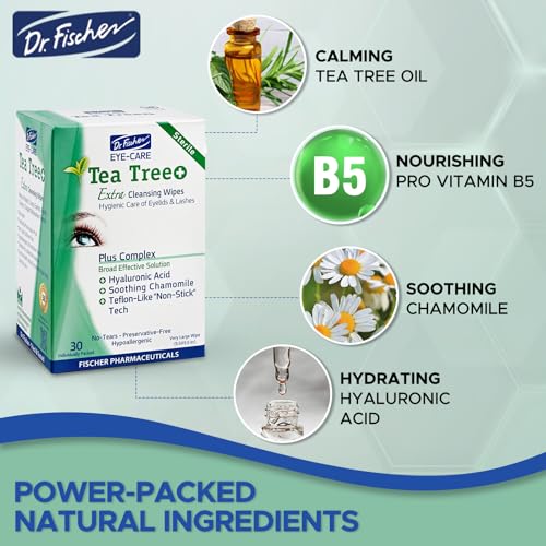 Dr. Fischer Tea Tree Oil Eye Wipes - Eyelid Wipes for Sensitive Eyes with Hyaluronic Acid and Chamomile, Makeup Remover, Daily Cleanser (30 wipes)