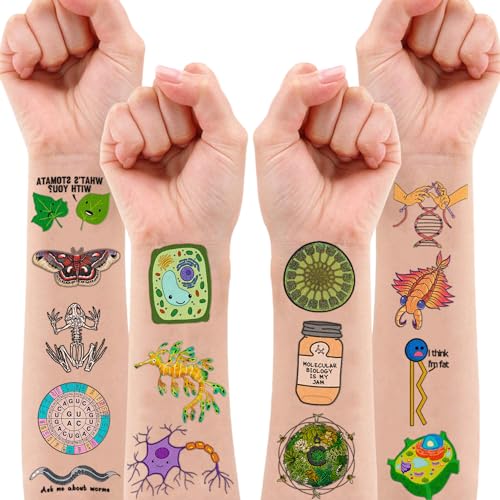 (96 PCS) Funny Biology Science Student Major Temporary Tattoos Birthday Themed Party Supplies Decorations Favors Cute Stickers Tattoo Gifts for Kids Girls Boys Teachers Decor School Reward Christmas