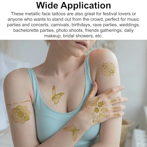 9pcs Gold Temporary Tattoos, 8.3x5.8in Tattoo Stickers Metallic Butterfly Star Moon Feather Waterproof Tattoos Stickers for Women Girls Parties Festivals Makeup Cosplay Accessories (Style B)