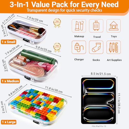 Hard Sided Clear Zipper Case for Storage- Professional-Grade Plastic Clear Zipper Pencil Case,Toy Storage Bins, Toiletry Pouch, Travel Organizer, Cosmetic Bag£¨White,3 Pack, LMS£©