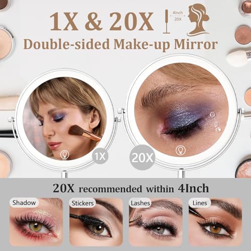 9in Vanity Mirror with Lights, Rechargeable 5000mAh Lighted Makeup Mirror, 1X/20X Double Sided Magnifying Mirror, 360¡Æ Rotate, 3 Color Lights, Up to 3800lux with 60 LEDs, Brightness Adjustable,Silvery