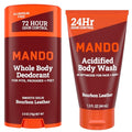 Mando Smooth Solid Stick (2.6 Ounce) + Acidified Body Wash (1.5 Ounce) - Clinically Proven to Block Odor All Day - Whole Body Safe For Pits, Packages + Feet (Bourbon Leather)