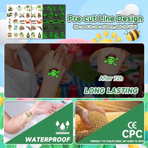 EMOME Glow Temporary Tattoos for Kids, Kid Tattoos for Party Favors Decorations Supplies, Cute Tattoo Sticker Goodie Bag Stuffers Boys and Girls (Pirate)