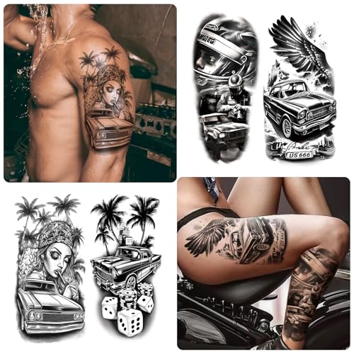 77 Sheets Cars Temporary Tattoo for Women Men, 17 Sheets Half Arm Race Car Fake Tattoos, 60 Sheets Black Holiday Truck Theme Tiny for Adult Kids Body Tattoos Stickers Waterproof Realistic