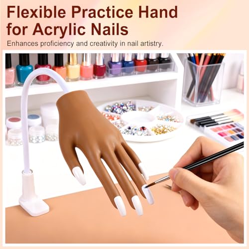 Practice Hand for Acrylic Nails, Acrylic Nail Training Mat , Manicure Trainng Hand Nail Kit for Beginners,Movable Nail Maniquin Hand with 50PCS Nail Tips,Acrylic powder, Brush and Clipper(Brown)