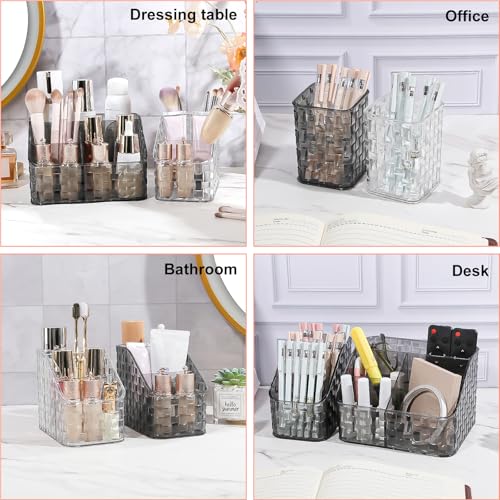 DASITON Makeup Brush Holder Organizer, 3 Slots Acrylic Makeup Brushes Storage Cup, Woven Texture Make Up Brush Holder for Vanity Bathroom Office, Pen Holder for Desk, Cosmetic Display Cases (Clear M)