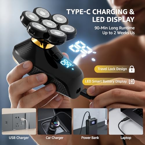 Head Shaver for Bald Men, 7D Head Shavers for Men with 5-in-1 Grooming Kit, 9200RPM Bald Head Shavers for Men, IPX6 Waterproof Head Shaver, LED Display, Rechargeable