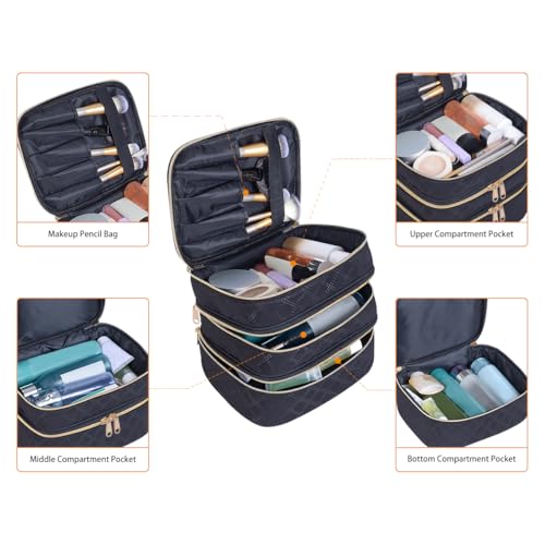 Large Makeup Bag 3 Layers with Handle Travel Makeup Bag Organizer Toiletry Accessories Bottles, Brushes, and Skin Care Products (Blakc)