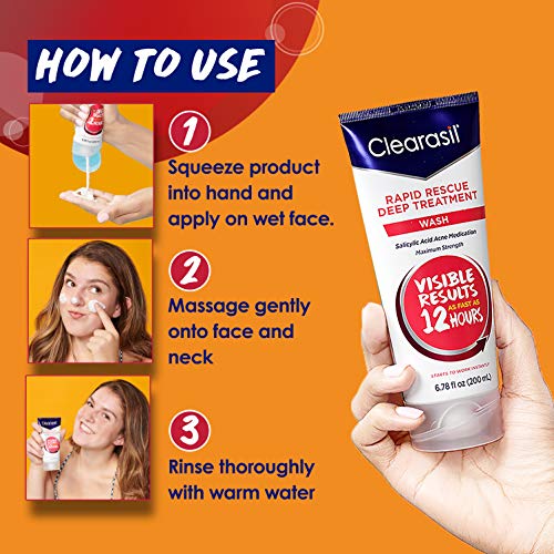 Clearasil Rapid Rescue Deep Treatment Acne FaceWash, Maximum Strength with 2% Salicylic Acid Acne Medication, AcneFacial Cleanser, 6.78 fl oz (Pack of 3)