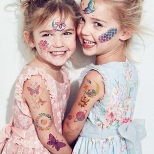 110 Glitter Styles Temporary Tattoos for Girls Women - 12 Sheets Glitter Dream Butterfly Moon Fairy Mermaid Temporary Tattoos for Girls Party Favors Festival Makeup