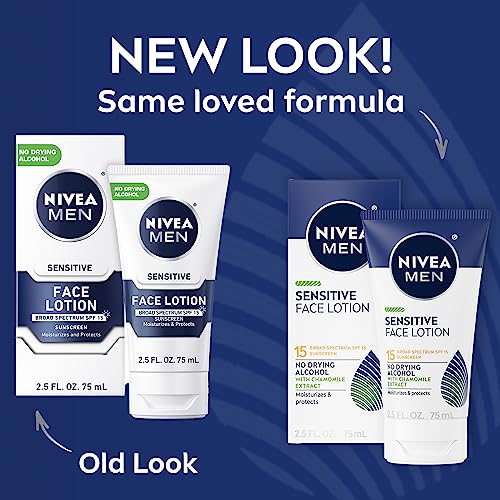 NIVEA MEN Sensitive Face Lotion with SPF 15,Broad Spectrum Sunscreen of 2.5 Fl Oz Tubes,(Pack of 6)