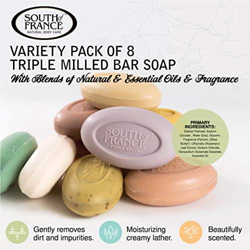 South Of France Natural Body Care Triple Milled Large 6OZ Bar Soap (Variety Pack 1, 8 Bars)
