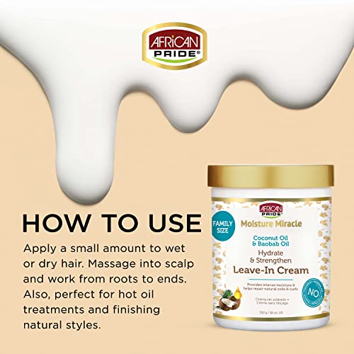 African Pride Moisture Miracle Leave-In Cream with Baobab Oil & Coconut Oil for Coily & Curly Hair, Adds Moisture, Helps Repair & Strengthen, 18 oz