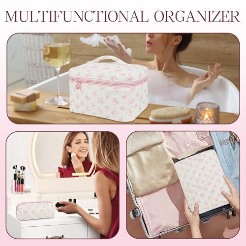 3Pcs Quilted Makeup Bag, Cute Floral Cotton Cosmetic Bag set, Coquette Bow Makeup Pouch Large Travel Toiletry Bag