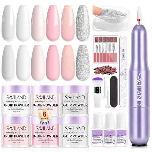 SAVILAND Dip Powder Nail Kit with Drill: 6 Color Winter Dip Nails Powder Starter Kit Pink Nude Glitter Clear with Liquid Set Base Top Activator French Manicure Beginner DIY Home Christmas Gift