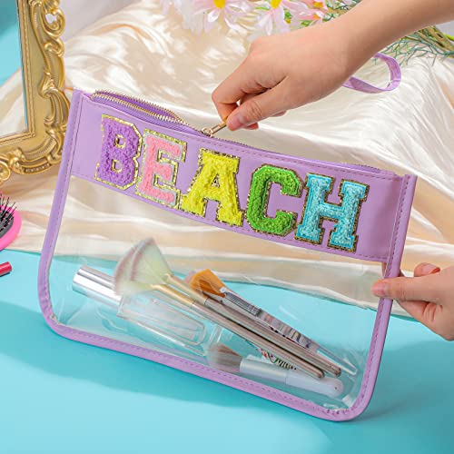 Sanwuta 2 Pcs Chenille Letter Clear Zipper Pouch Clear Snacks Bag Makeup Letter Bag Stadium Purse Transparent Travel Patch Pouch(Cute Stuff, Beach,Blue, Purple)