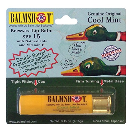 BALMSHOT Cool Mint Lip Balm SPF 15 ? Beeswax Chapstick for Men & Women, Deep Moisturizing Lip Repair for Dry Cracked Lips, 20-Gauge Brass Shotgun Shell Tube, Heat Tolerant, Made in USA