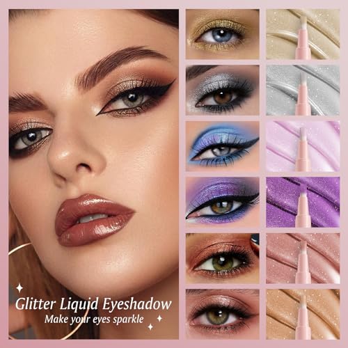 4 Colors Shimmer Liquid Eyeshadow, Glitter Liquid Eyeshadow with Brush, Long Lasting Brightener Eyeshadow Makeup, Sparkle Eyeshadow Stick for Lip and Cheek (1234#)