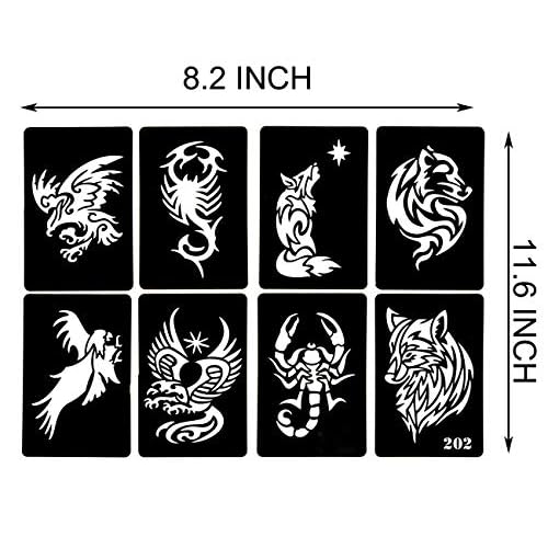 4 Sheets Temporary Tattoo Stencils, 32pcs Animal Patterns Henna Tattoo Stencil Kit Temporary Glitter Airbrush Tattoo Stencils Arabian Tattoo Stickers for Face Body Paint Art