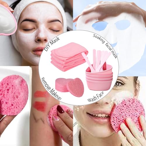 34 Pcs Esthetician Facial Supplies Kit, 6 Heart-Shaped Mask Bowls, 6 Headbands, 6 Spatulas, 10 Heart-Shaped Sponges, 6 Rectangular Sponges for Professional Spa & DIY Skincare(Pink)