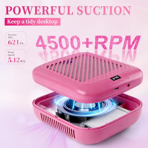 TADOPRO Nail Dust Collector, Rechargeable 4500RPM Dust Collector Nail Tech Brushless Motor with 3 Suction Modes Easy-Control Nail Vacuum Dust Collector Extractor for Beginners Home Salon Use (Pink)