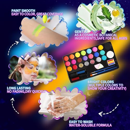 Vaneria 24 Colours Body & Face Paint Set - Quick-Drying,Water-Based Formula with Fluorescent Pens,Hair Coloring Combs,Glitter,Stencils & Brushes for Halloween, Party, Cosplay