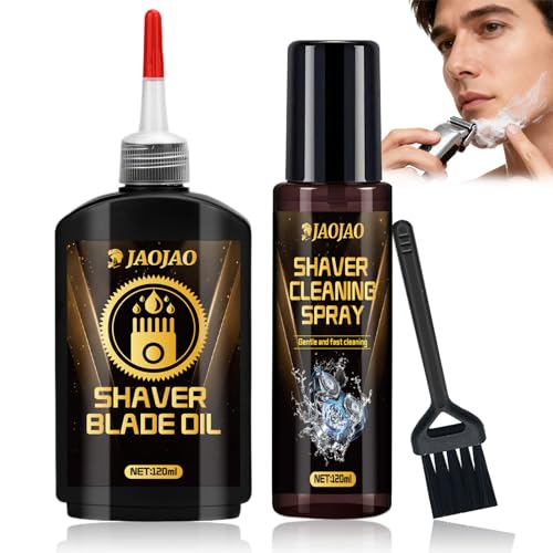 JAOJAO Shaver Cleaning Solution, Electric Shaver Oil Lubricant Electric Razor Cleaning Solution with Brush Deep Cleans and Lubricates Extends Razor Life Universally Compatible for Clipper Blades